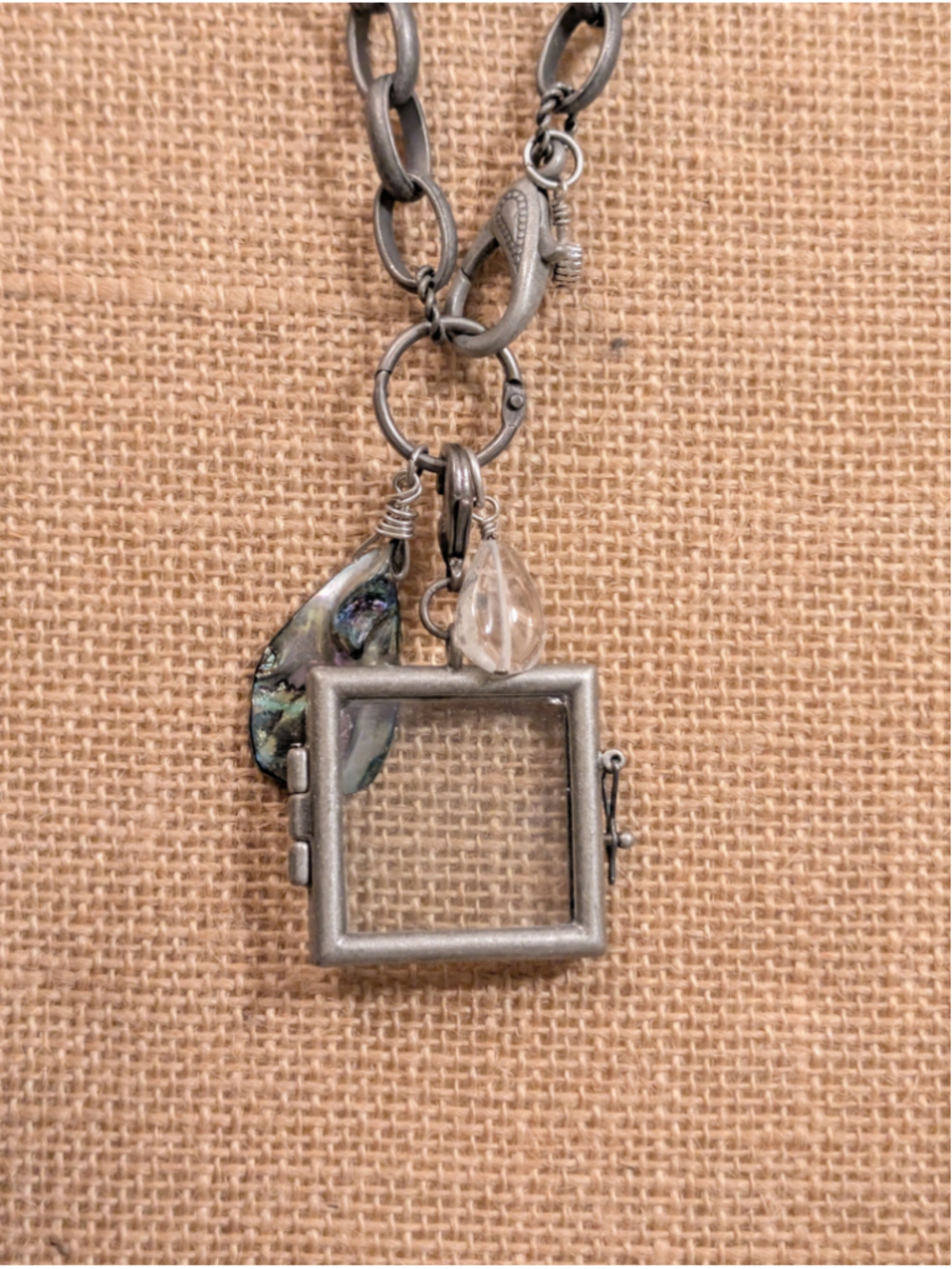 Handcrafted Coastal Wire Wrapped Abalone Chunky Silver Chain Locket Necklace